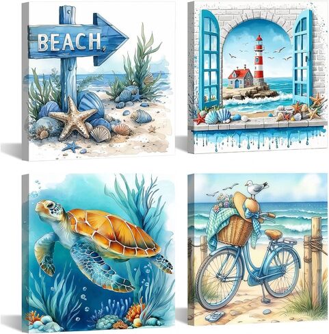 Gemozaic 4 Pack Beach Framed Paint by Numbers Kit for Adults, Small Easy Landscape Paint by Number with Frame for Adult Beginners, DIY Acrylic Numbers Painting for Home, Wall Decor, Gift, 8x12 inch in Saudi Arabia
