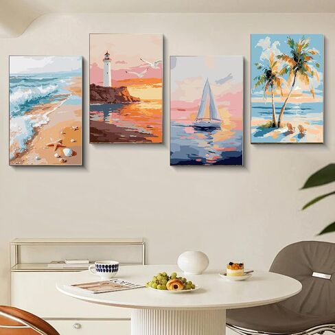 Gemozaic 4 Pack Beach Framed Paint by Numbers Kit for Adults, Small Easy Landscape Paint by Number with Frame for Adult Beginners, DIY Acrylic Numbers Painting for Home, Wall Decor, Gift, 8x12 inch in Saudi Arabia