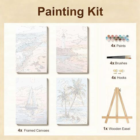 Gemozaic 4 Pack Beach Framed Paint by Numbers Kit for Adults, Small Easy Landscape Paint by Number with Frame for Adult Beginners, DIY Acrylic Numbers Painting for Home, Wall Decor, Gift, 8x12 inch in Saudi Arabia