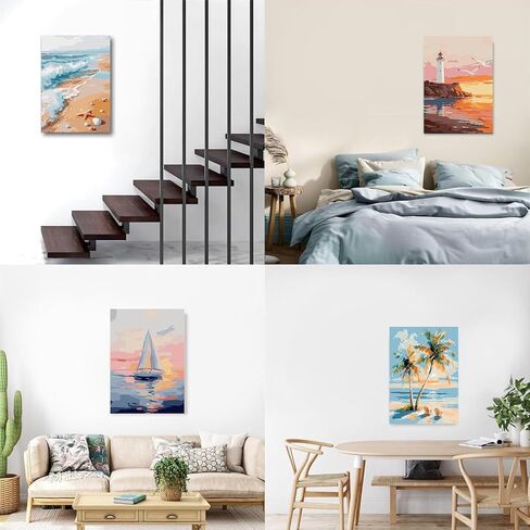 Gemozaic 4 Pack Beach Framed Paint by Numbers Kit for Adults, Small Easy Landscape Paint by Number with Frame for Adult Beginners, DIY Acrylic Numbers Painting for Home, Wall Decor, Gift, 8x12 inch in Saudi Arabia