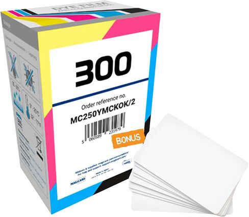 عبوتان - شريط ألوان Magicard MC250YMCKOK - 250 مطبوعة - ألوان كاملة أمامية وخلفية سوداء - لطابعات Magicard 300 ID Duo Card - MC250YMCKOK/2 Plus 20 بطاقة تعريف متخصصة إضافية 8030 بطاقة PVC in Kuwait