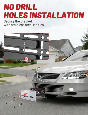 RED WOLF Front License Plate Bracket, No Drill Front License Plate Holder Universal for Car Truck SUV Bumper Car Tag Frame Mounting Kit w/Anti Theft Stainless Steel Screw Wrench Bolt Cap 4 Brass Nuts in Kuwait