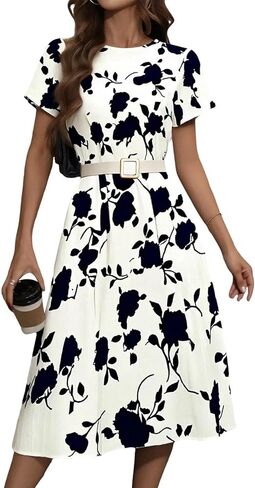 Women's Floral A Line Dress Short Sleeve Summer Fit and Flare Round Neck Work Casual Maxi Dress for Office in Saudi Arabia