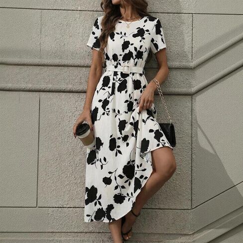 Women's Floral A Line Dress Short Sleeve Summer Fit and Flare Round Neck Work Casual Maxi Dress for Office in Saudi Arabia
