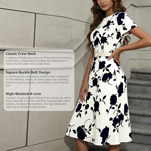 Women's Floral A Line Dress Short Sleeve Summer Fit and Flare Round Neck Work Casual Maxi Dress for Office in Saudi Arabia