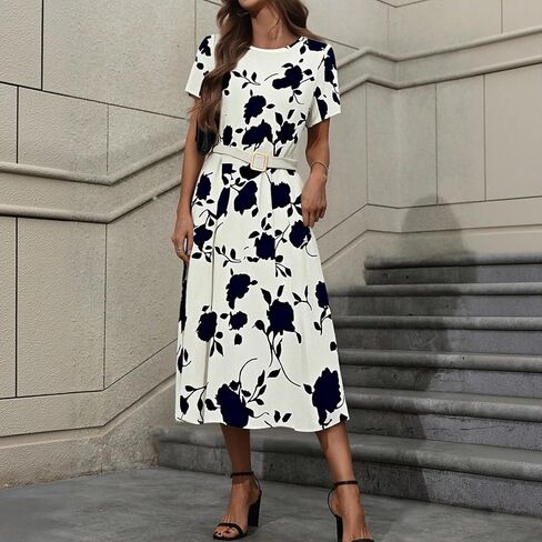 Women's Floral A Line Dress Short Sleeve Summer Fit and Flare Round Neck Work Casual Maxi Dress for Office in Saudi Arabia