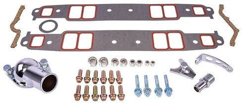 JEGS Intake Manifold Install Kit | for Small Block Chevy | Includes Intake Manifold Gasket Set, Water Neck, Heater Hose Fitting, Pipe Plugs, Distributor Hold Down, Return Spring Bracket, Hardware in Kuwait