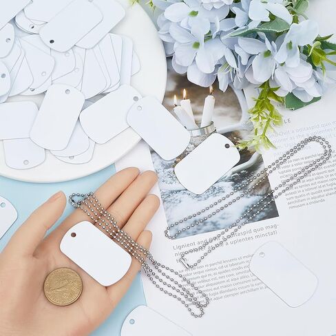 1 Box 45Pcs Sublimation Dog Tags Blanks Bulk with Chain White Aluminum Stamping Blank Tag Pendants Heat Transfer Double Sides Sublimation Keychain Blanks for DIY Craft Necklace Luggage Bagge in Kuwait