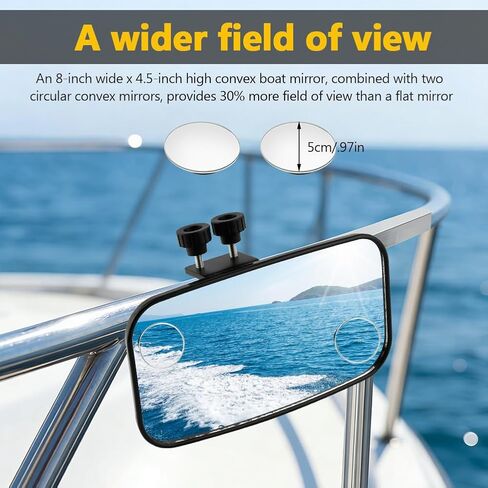 Universal Boat Rear View Mirror, 8" x 4.5" Square Boat Mirrors with Round Boat glass and Locking Knob, 360° Adjustable Wide-Angle Marine Mirror for water skis, pontoon boats, water skiing in Saudi Arabia