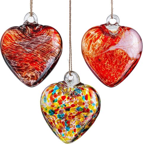 3Pcs Hand Blown Glass Heart Ornaments 3.5inch Hanging Crystal Heart Figurine for Xmas Tree Decoration(Red) in Saudi Arabia