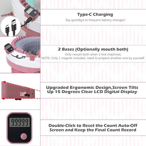 Rechargeable Knitting Machine Counter, Row Counter for Knitting Machine, Removable Magnetic Suitable for 32/40/48 Needle Row Digital Counter (Pink-1PCS) in Saudi Arabia