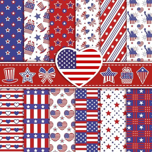 Konsait 24 Sheets Patriotic Scrapbook Paper, 6x6 Double-Sided 4th of July Pattern Paper, 12 Unique Red White Blue Designs for Independence Day, Memorial Day Crafts in Kuwait