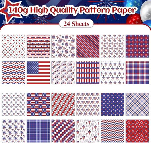 Konsait 24 Sheets Patriotic Scrapbook Paper, 6x6 Double-Sided 4th of July Pattern Paper, 12 Unique Red White Blue Designs for Independence Day, Memorial Day Crafts in Kuwait
