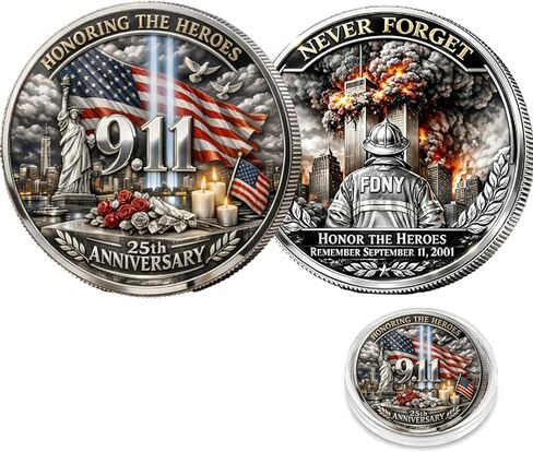 9/11 Never Forget Challenge Coin 25th Anniversary Commemorative Coin Double-Sided Memorial Coin Honor Heroes September 11 2001 Patriotic Collectible Gift for Veterans First Responders Family (1pcs) in Kuwait