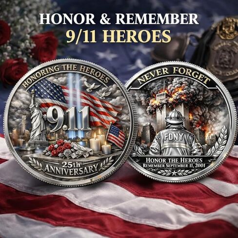 9/11 Never Forget Challenge Coin 25th Anniversary Commemorative Coin Double-Sided Memorial Coin Honor Heroes September 11 2001 Patriotic Collectible Gift for Veterans First Responders Family (1pcs) in Kuwait