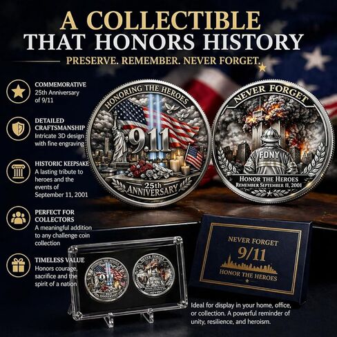 9/11 Never Forget Challenge Coin 25th Anniversary Commemorative Coin Double-Sided Memorial Coin Honor Heroes September 11 2001 Patriotic Collectible Gift for Veterans First Responders Family (1pcs) in Kuwait