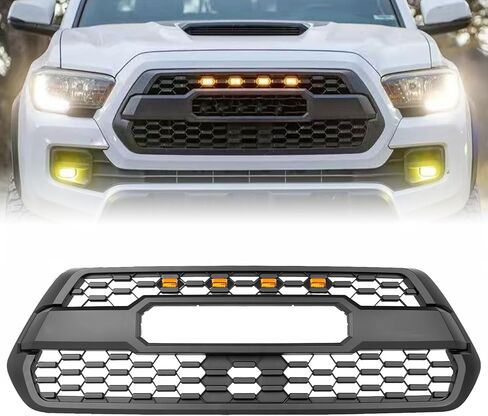 Amber Lights Bumper Grille Assembly Fit for 2016-2023 Toyota Tacoma SR/SR5/TRD Bumper Mesh Grill Shell Front Upper Grill Accessories Matte Black W/4 LED Lights and Garnish Sensor W/O Letters in Kuwait