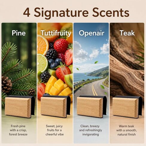Car Air Freshener 4 Pack, Natural Wood Air Freshener with 2 Visor Clips, Long Lasting Scent Freshener for Vehicle, Car Scent Diffuser for Truck SUV Sedan (Pine, Fruit, Open Air, Tea Tree) in Saudi Arabia