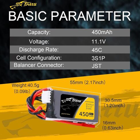 TATTU 450 مللي أمبير 11.1 فولت 3S1P بطارية ليبو 45C مع قابس JST لحجم صغير FPV E-flite Blade 180 CFX Torrent 110 Baby Hawk Micro 2 (1 قطعة) in Saudi Arabia