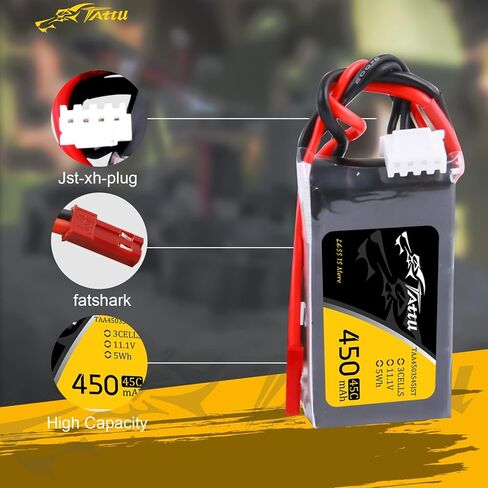 TATTU 450 مللي أمبير 11.1 فولت 3S1P بطارية ليبو 45C مع قابس JST لحجم صغير FPV E-flite Blade 180 CFX Torrent 110 Baby Hawk Micro 2 (1 قطعة) in Kuwait