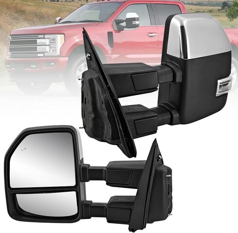 مرآة سحب جانبية للسائق الأيسر من الكروم تناسب Ford F250 F350 F450 2017-2022 تدعم BSM تدعم تعديل الطاقة ساخنة مع إشارة الانعطاف ودعم ضوء البركة دليل قابل للطي 12 دبابيس in Kuwait