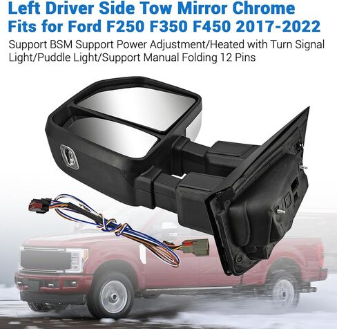 مرآة سحب جانبية للسائق الأيسر من الكروم تناسب Ford F250 F350 F450 2017-2022 تدعم BSM تدعم تعديل الطاقة ساخنة مع إشارة الانعطاف ودعم ضوء البركة دليل قابل للطي 12 دبابيس in Kuwait