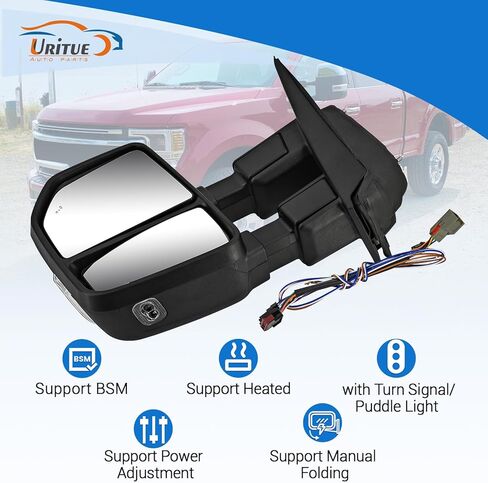 مرآة سحب جانبية للسائق الأيسر من الكروم تناسب Ford F250 F350 F450 2017-2022 تدعم BSM تدعم تعديل الطاقة ساخنة مع إشارة الانعطاف ودعم ضوء البركة دليل قابل للطي 12 دبابيس in Kuwait