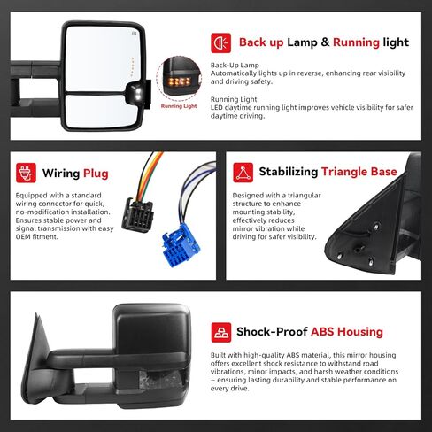 مرايا سحب Drive & Paasenger - متوافقة مع 2003-2006 Chevy Silverado GMC Sierra - مصباح تشغيل احتياطي لإشارة السهم الساخنة القابلة للتعديل - نسيج أسود in Kuwait