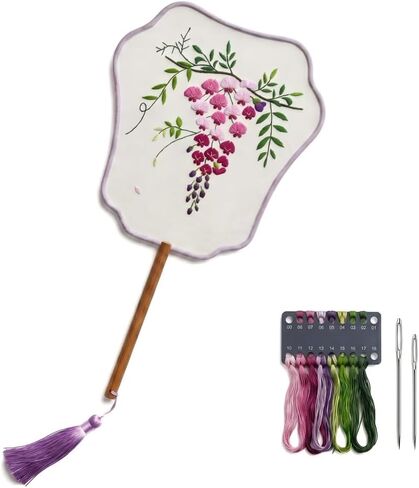 QIZUOLIFE Embroidery Fan Kit for Beginners, DIY Organza Tuan Shan with Wisteria Pre-Printed Pattern, Supplies & Video Tutorial, Craft Gift in Kuwait