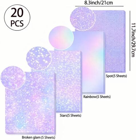 20 Holographic Stickers, A4 8.5"x11" Waterproof self-Adhesive Vinyl Overlay, Holographic Sticker Paper for Stickers, DIY Crafts, Labels, and Decals with Transparent Holographic Film in Saudi Arabia