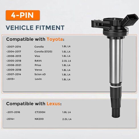 UF596 Ignition Coil Pack of 4, Compatible with Toyota Corolla, RAV4, Prius, Matrix, Lexus CT200h, Scion 1.8L L4, Replaces OEM 90919-02258, 90919-02252 in Kuwait