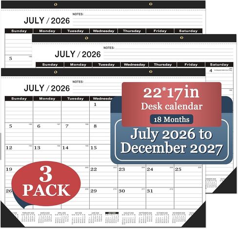 تقويم مكتب 2026-2027، مخطط شهري كبير لمدة 18 شهرًا، يوليو 2026 - ديسمبر 2027، ورق نشاف سطح المكتب مقاس 22 بوصة × 17 بوصة مع غطاء بلوري مقاوم للماء، ورق سميك 120 جرام وكتل مسطرة لتنظيم المدرسة والمنزل والأسرة in Kuwait