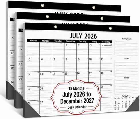3 عبوات تقويم مكتب 2026-2027 - ثلاثة تقاويم شهرية كبيرة لمدة 18 شهرًا (يوليو 2026 - ديسمبر 2027)، 17 بوصة × 12 بوصة لسطح المكتب ومخطط الحائط مع ورق سميك 120 جم، فتحات تعليق ذهبية للمنزل والمكتب in Kuwait