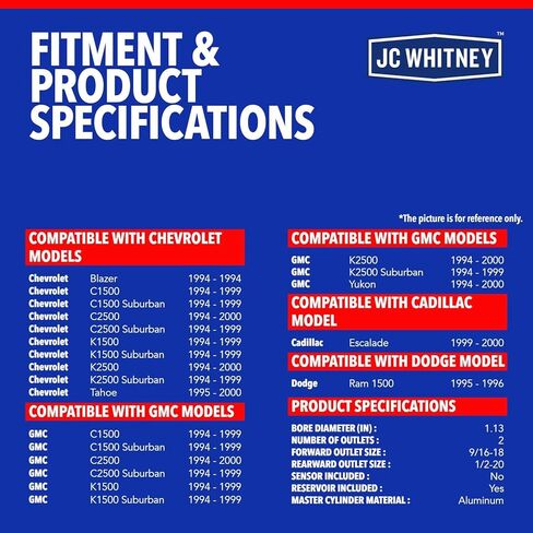 JC Whitney JFBAJCWBMC00066 أسطوانة الفرامل الرئيسية - متوافقة مع شيفروليه تاهو، C1500/C2500/K1500/K2500 سوبربان، جي إم سي يوكون، دودج رام 1500، كاديلاك إسكاليد - التجويف: 1.13 بوصة in Kuwait