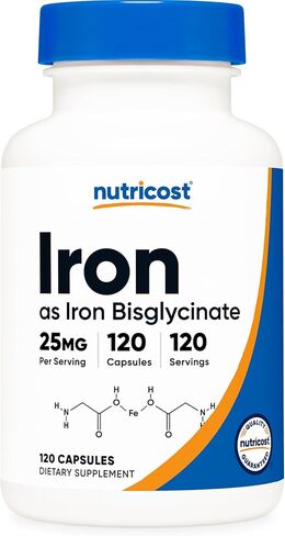 Nutricost Iron Bisglycinate Supplement (25mg) 120 Capsules - from Ferrous Bisglycinate Chelate - Non-GMO & Gluten-Free in Saudi Arabia