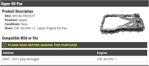 Upper Oil Pan - Compatible with 2007-2011 Jeep Wrangler 3.8L V6 VIN 1 in Kuwait
