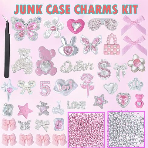 Junk Case Charms,Pink Kawaii Bow Phone Cases Kit,Silver Butterfly Charm for Junk Socks,Bling Flat Back Big Charms,3D Heart Star Flower Phones Case Char Flatback Rhinestone for Customizing DIY Craft Accessories in Saudi Arabia