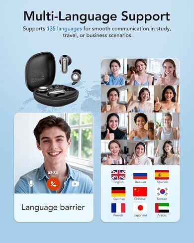 MINISO MS108 AI سماعات أذن للترجمة في الوقت الحقيقي، سماعات أذن للترجمة تدعم 135 لغة، سماعات رأس مترجم تناسب iOS وAndroid، سماعات أذن مترجم للسفر والأعمال والتعلم in Kuwait