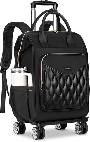 Ytonet Rolling Backpack for Women, 15.6 In Rolling Travel Backpack with 4 Spinner Wheels, Carry On Rolling Laptop Bag with Detachable Trolley, Stylish Wheeled Backpack for College Business Work, Black in Kuwait