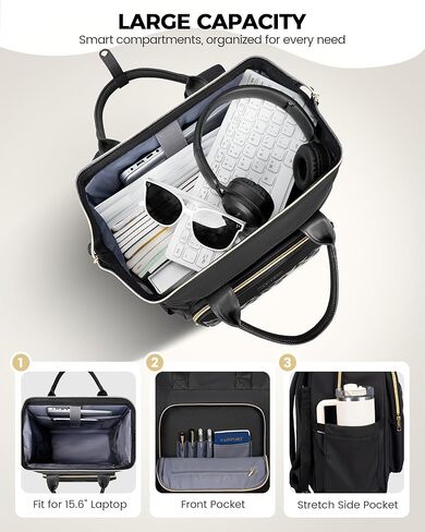 Ytonet Rolling Backpack for Women, 15.6 In Rolling Travel Backpack with 4 Spinner Wheels, Carry On Rolling Laptop Bag with Detachable Trolley, Stylish Wheeled Backpack for College Business Work, Black in Kuwait