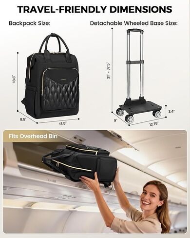 Ytonet Rolling Backpack for Women, 15.6 In Rolling Travel Backpack with 4 Spinner Wheels, Carry On Rolling Laptop Bag with Detachable Trolley, Stylish Wheeled Backpack for College Business Work, Black in Kuwait