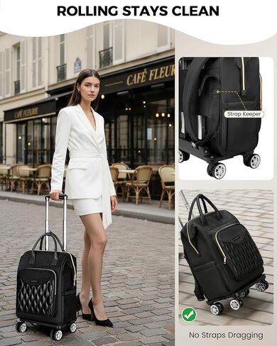 Ytonet Rolling Backpack for Women, 15.6 In Rolling Travel Backpack with 4 Spinner Wheels, Carry On Rolling Laptop Bag with Detachable Trolley, Stylish Wheeled Backpack for College Business Work, Black in Kuwait