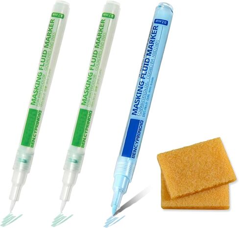 3 PCS Masking Fluid Pen for Watercolor Painting with 2 Erasers, 1 Blue and 2 Green Watercolor Masking Fluid Pen with 0.7mm Applicator Tip for Various Art Projects in Saudi Arabia