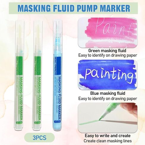 3 PCS Masking Fluid Pen for Watercolor Painting with 2 Erasers, 1 Blue and 2 Green Watercolor Masking Fluid Pen with 0.7mm Applicator Tip for Various Art Projects in Saudi Arabia