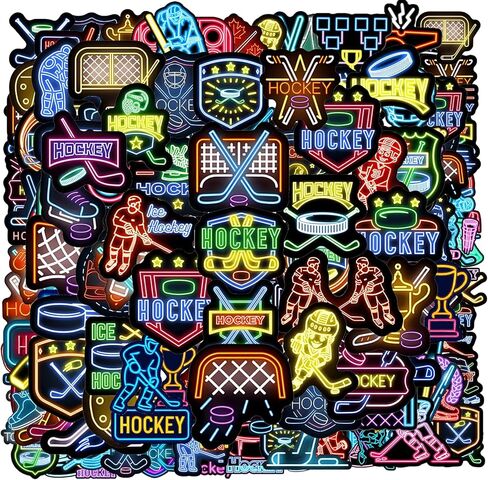 120PCS Neon Ice Hockey Stickers, Hockey Party Favors & Birthday Decorations Sports Theme Party Supplies Hockey Team Gifts Vinyl Waterproof Decorative Decals for Water Bottle Luggage Journal Helmet in Saudi Arabia