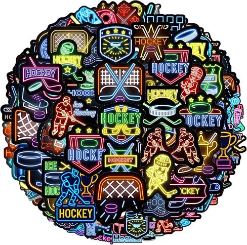 120PCS Neon Ice Hockey Stickers, Hockey Party Favors & Birthday Decorations Sports Theme Party Supplies Hockey Team Gifts Vinyl Waterproof Decorative Decals for Water Bottle Luggage Journal Helmet in Saudi Arabia