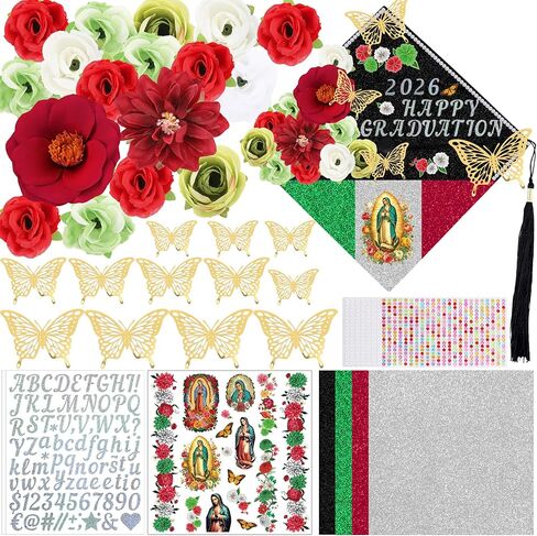 Mexican Graduation Cap Decorations, 41 Pcs 2026 Grad Cap Topper Decorations DIY Kit with Artificial Flowers, 3D Butterfly, Rhinestones Pearls Alphabet Stickers for 2026 Graduate Decor Gifts in Saudi Arabia