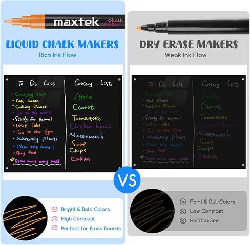 علامات الطباشير السائل maxtek، رأس رفيع 12 قلم طباشير ملون نيون قابل للمسح لتقويم السبورة، السبورة السوداء، لوح الأكريليك، تقويم الثلاجة، الملصقات in Kuwait