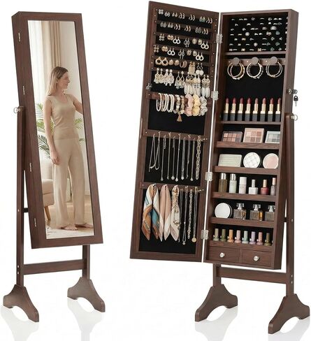 White 47.3-Inch Freestanding Jewelry Armoire: Full Length Mirror, Lockable Large-Capacity Storage with Velvet Lining, 3 Angles, 2 Locks, 5 Shelves & Accessory Pouch in Saudi Arabia
