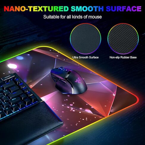 RGB Gaming Mouse Pad XXL, 35.4 x 15.7 Inch, Colorful Geometric LED Backlit Desk Mat, Customizable RGB Edge Lighting, Non-Slip Base for Gaming & Office Use in Saudi Arabia
